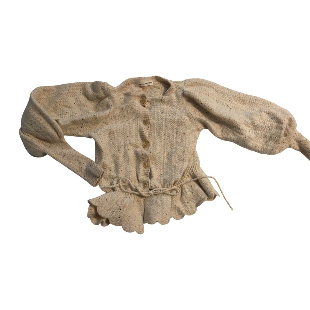 Ulla Johnson Cashmere Cardigan Confetti Donegal Peplum Puff Sleeve Cream S